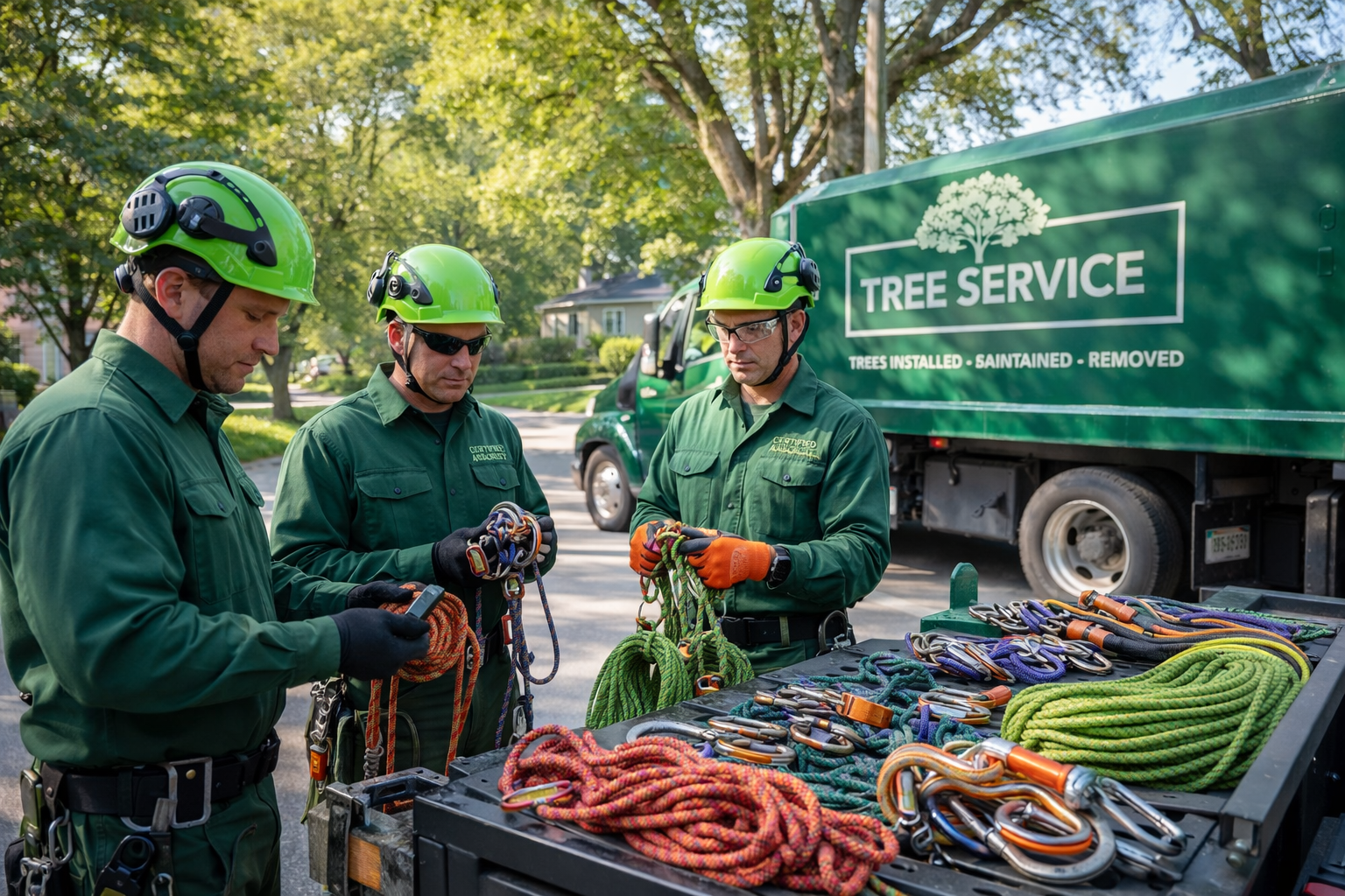 Professional tree service crew in green uniforms with marked service truck and climbing equipment staged outside a Toronto residential property