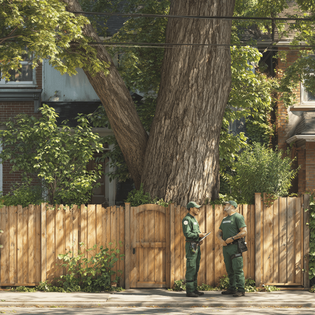 Two Toronto neighbours discussing a property line tree with paperwork visible after agreeing to review the tree condition and permit requirements