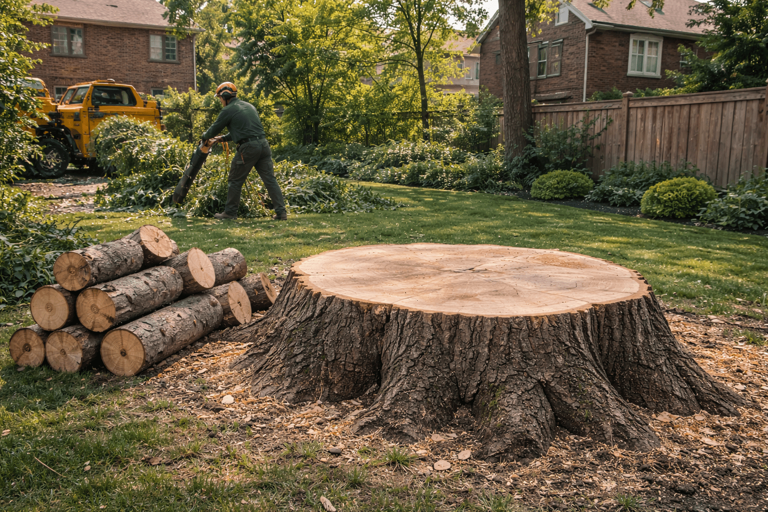 Large tree stump and cleared debris after removing a very large oak at a Toronto residential property