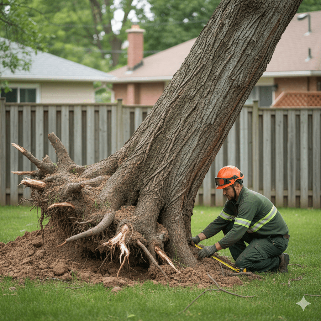 Close-up of soil heaving and exposed roots at the base of a leaning tree at a Toronto residential property indicating root failure