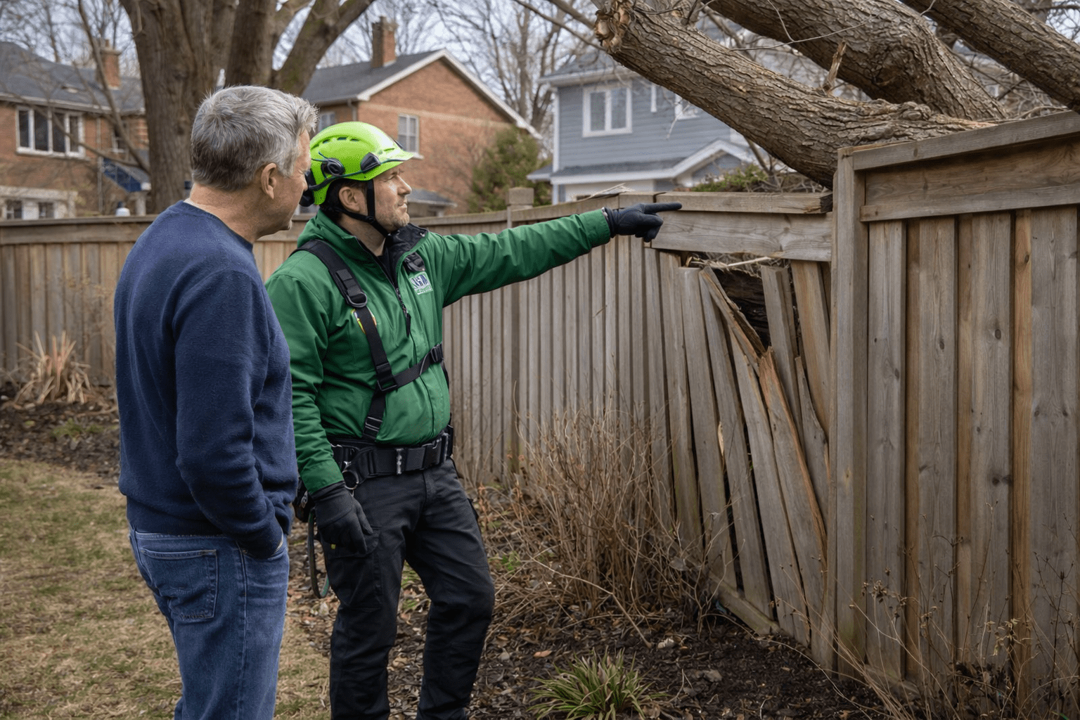 Homeowner and arborist examining overhanging tree branches from a neighbouring Toronto property that have caused fence and garden damage