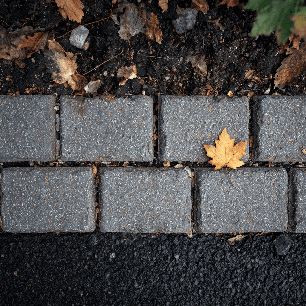 Permeable paving blocks installed in a Toronto driveway near a large protected tree allowing water infiltration and reducing hard-surface impact around the tree