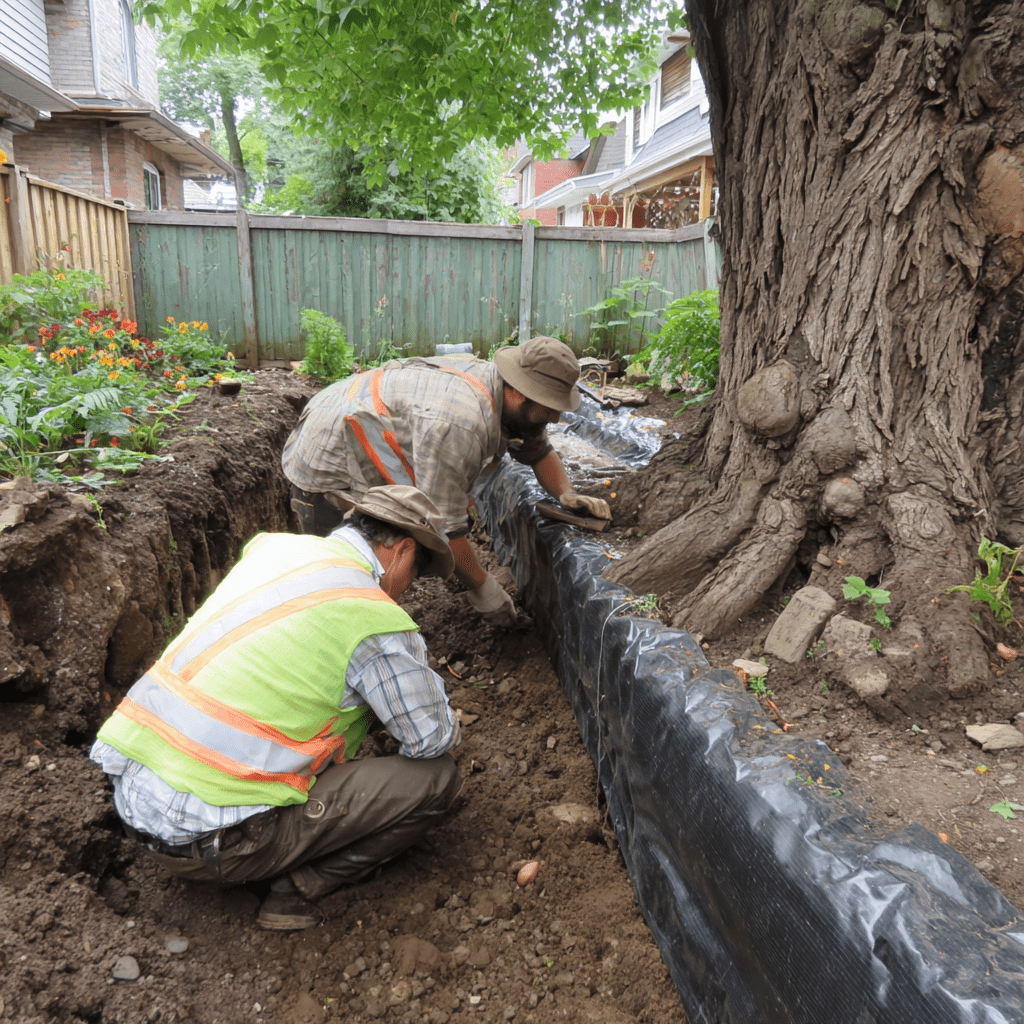 Root barrier being installed between a Toronto pool excavation and a large retained maple tree to reduce root conflict during pool construction