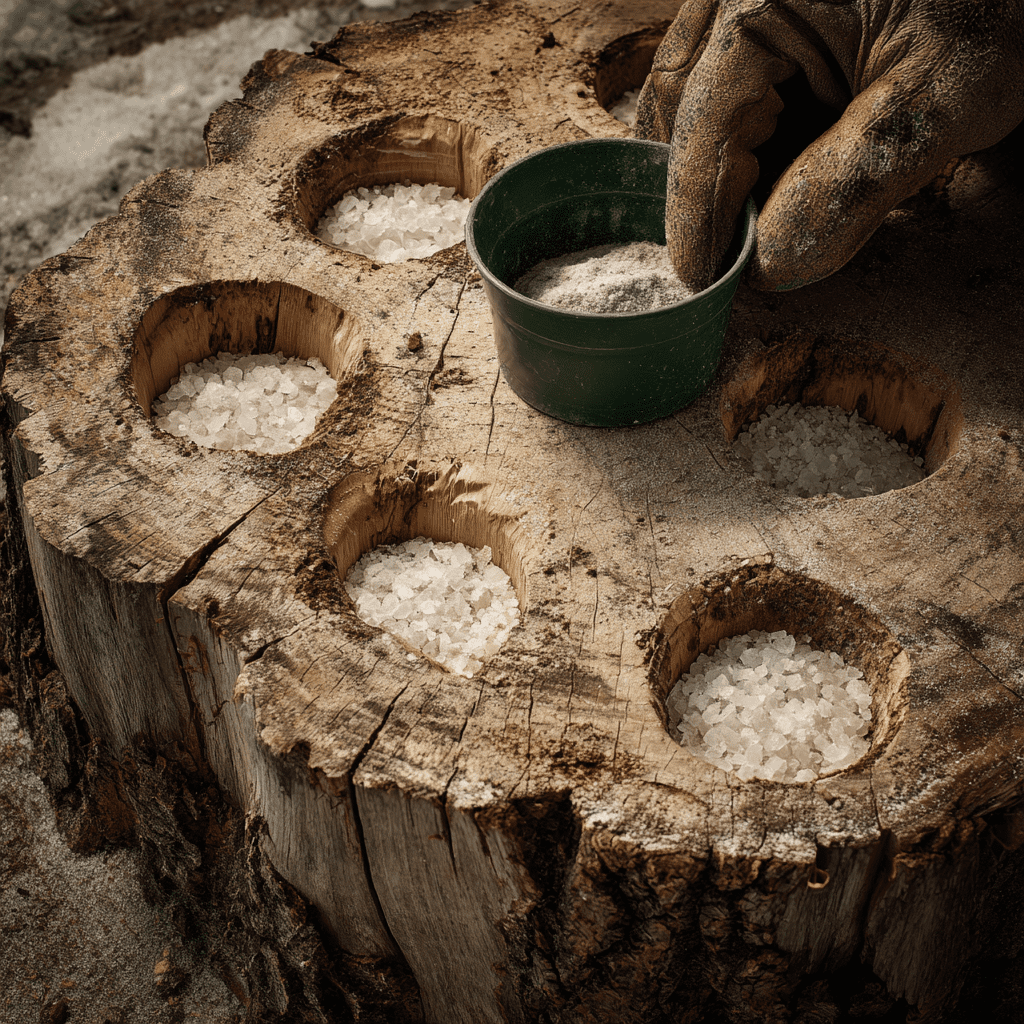 Close-up of drill holes packed with potassium nitrate crystals in a stump at a Toronto residential property showing the chemical stump removal setup