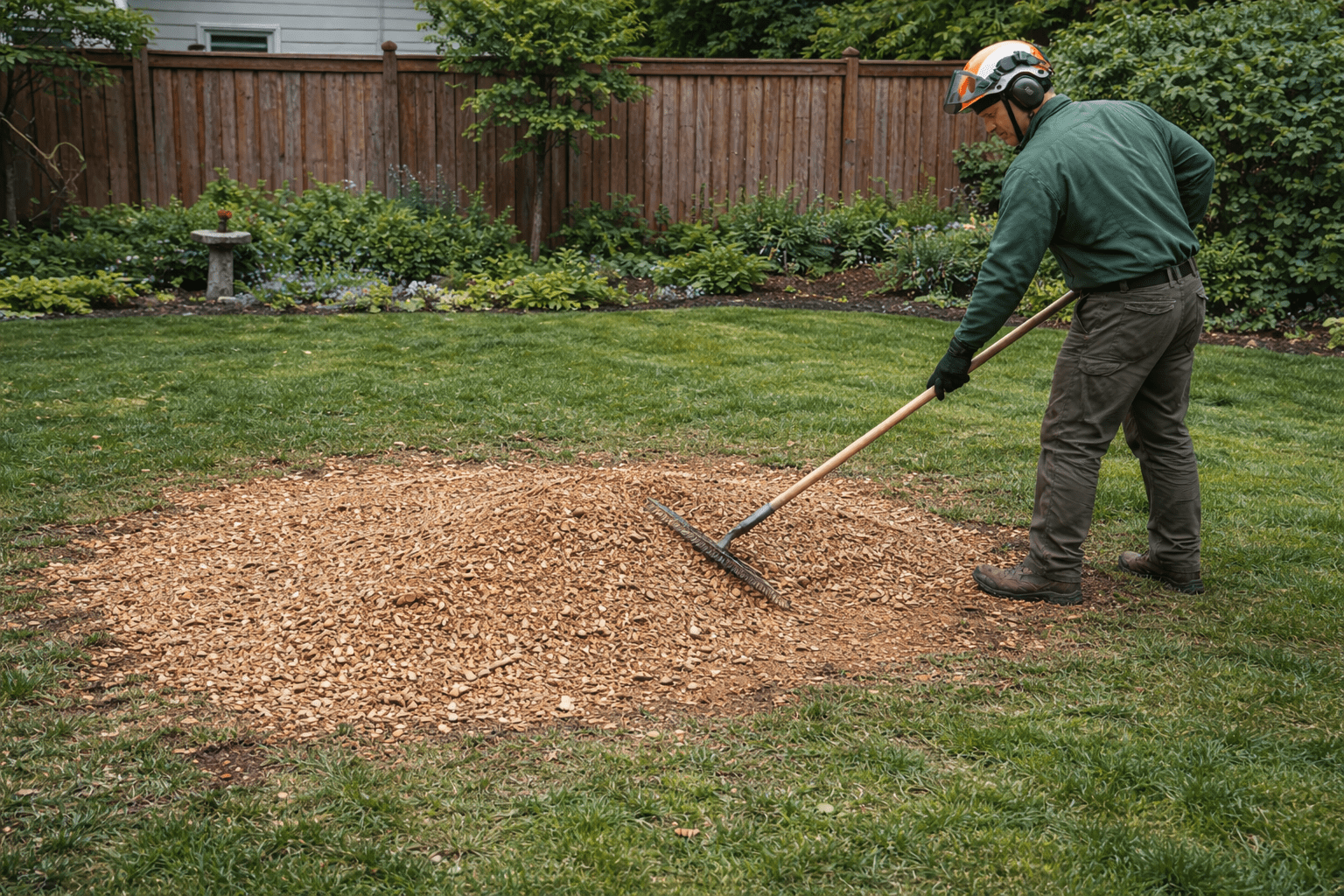 Large stump after grinding with wood chip debris around the grind site at a Toronto residential property