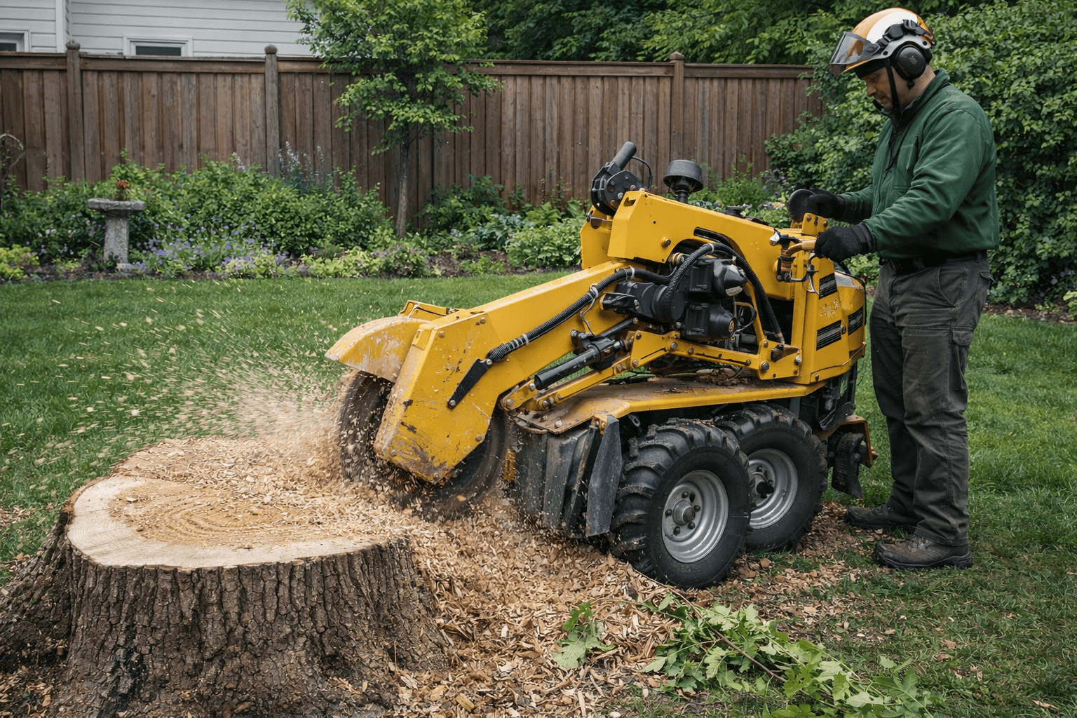 Stump grinding machine in operation on a residential Toronto property, grinding a large tree stump below grade