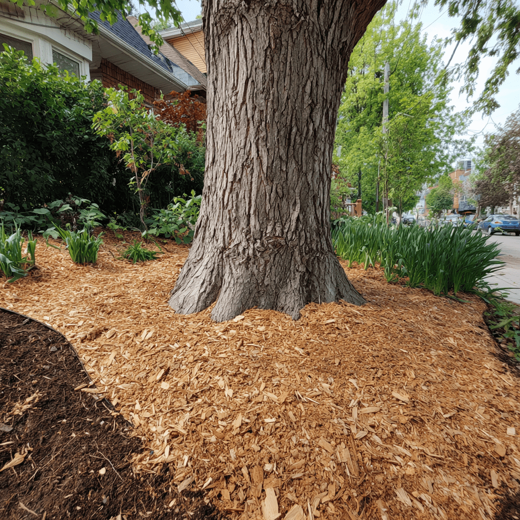 Properly installed mulch bed around a tree with surface roots at a Toronto residential property replacing lawn grass