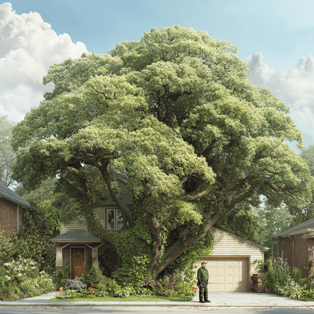Topped tree showing dense watersprout regrowth several years after topping at a Toronto residential property