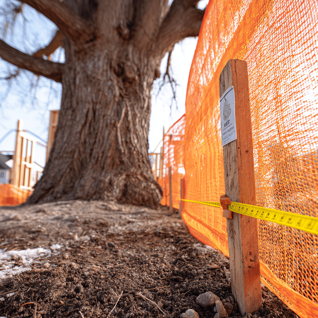 Temporary construction boundary around a mature maple at a Toronto construction site showing the measured area around the trunk