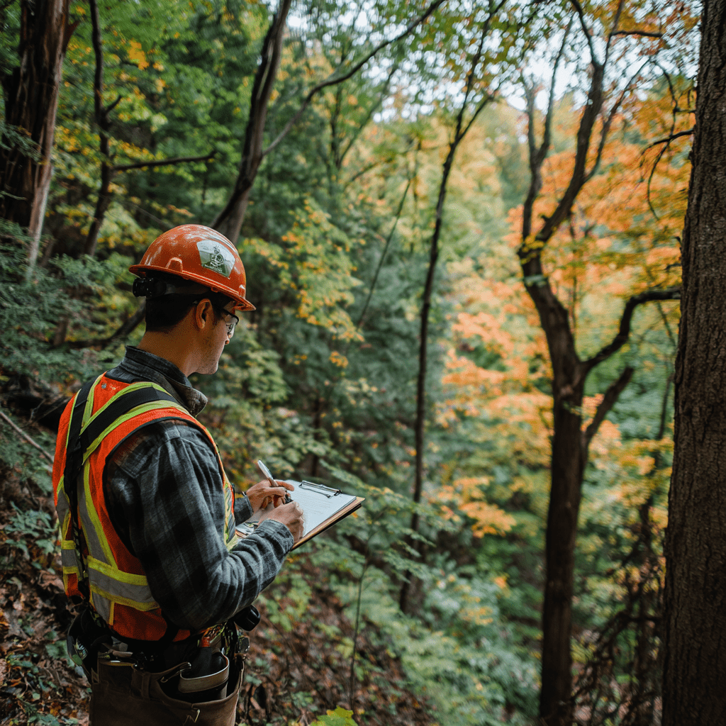ISA certified arborist assessing trees in a Toronto ravine area covered by Chapter 658 and TRCA regulation