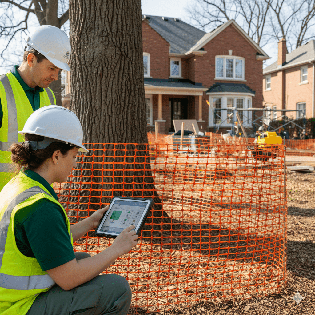 Arborist monitoring tree protection zone compliance at a Toronto home renovation site with contractor