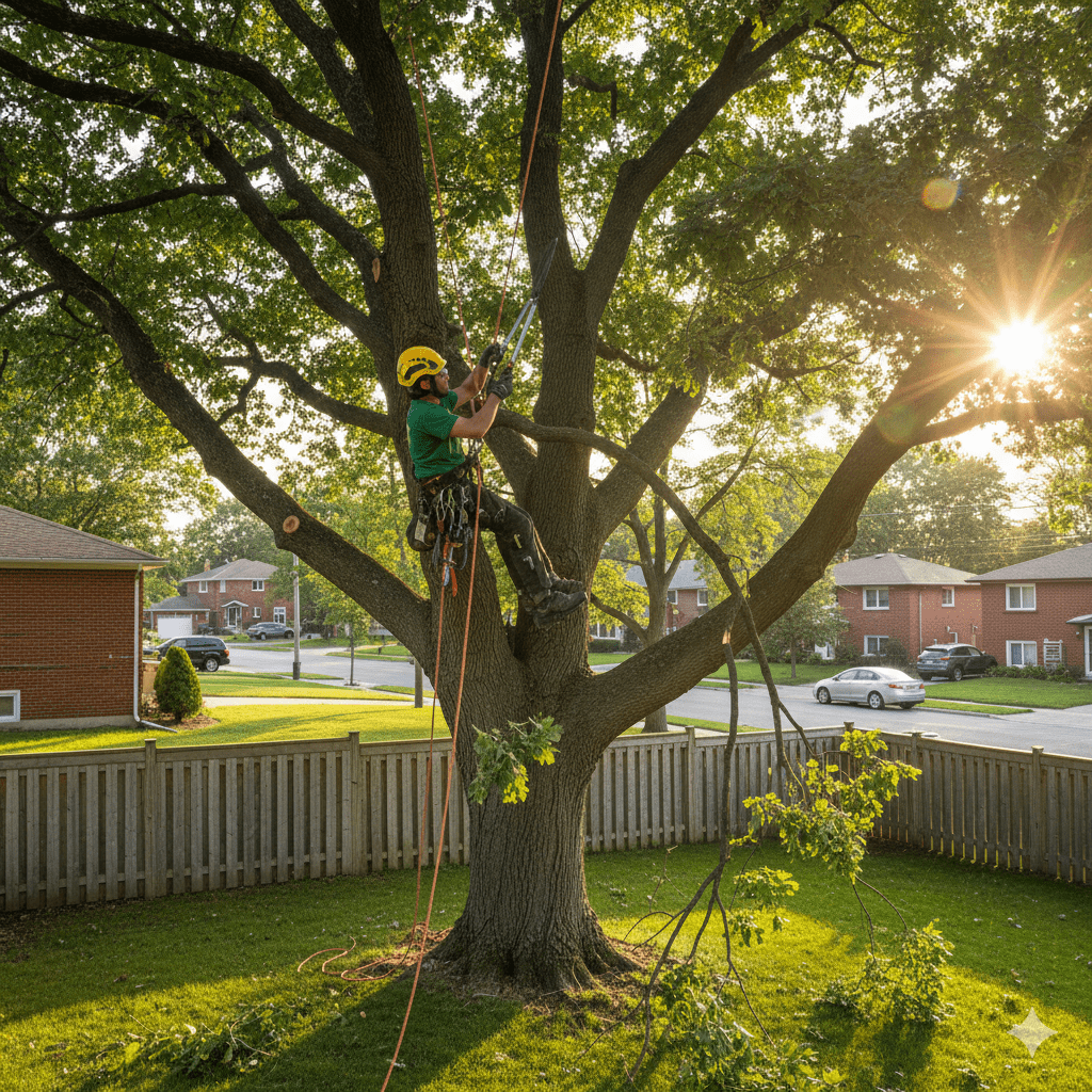 Arborist conducting crown thinning work on a mature tree in North York Toronto with climbing equipment