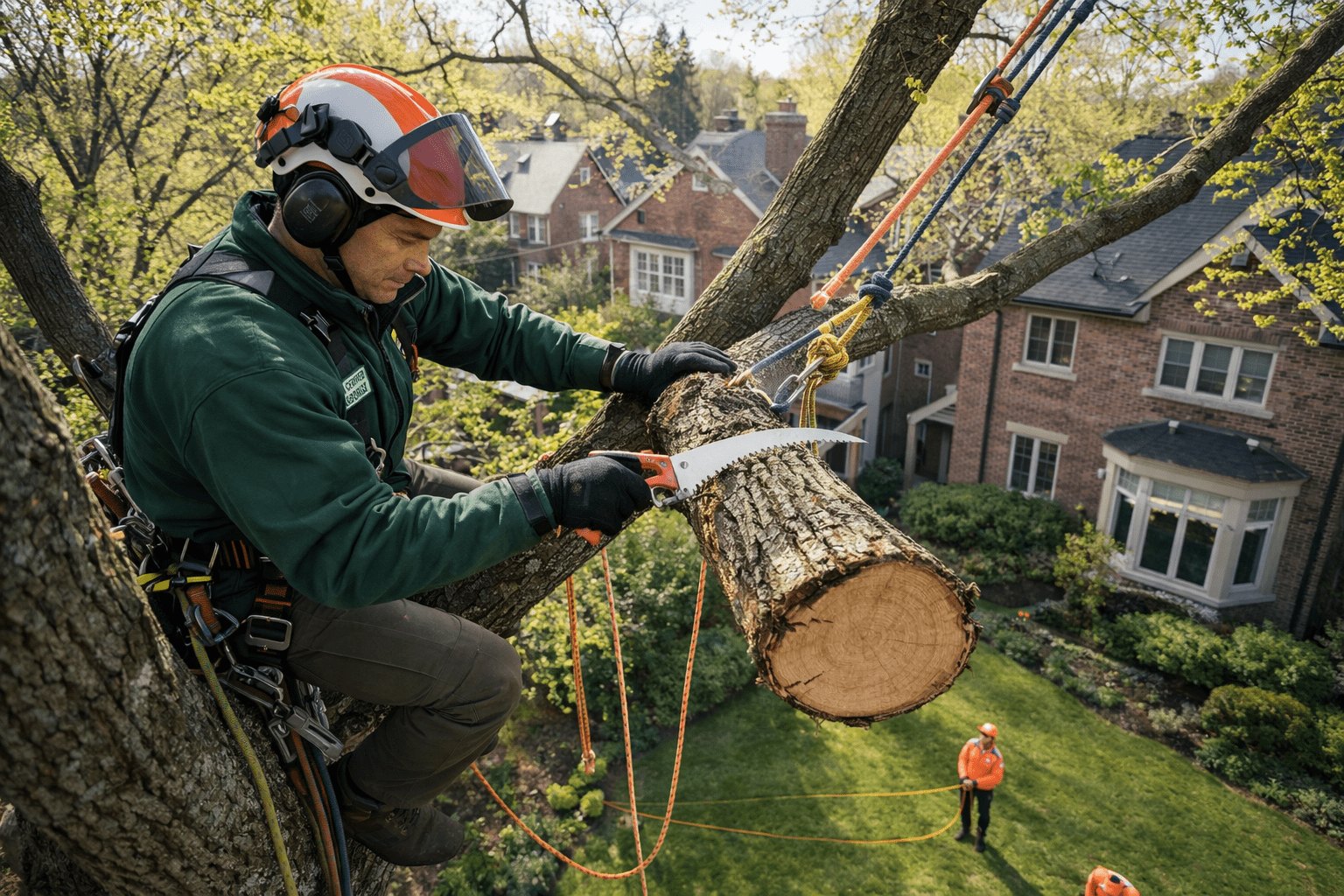 ISA certified arborist climbing and pruning a large residential maple tree in a Toronto backyard