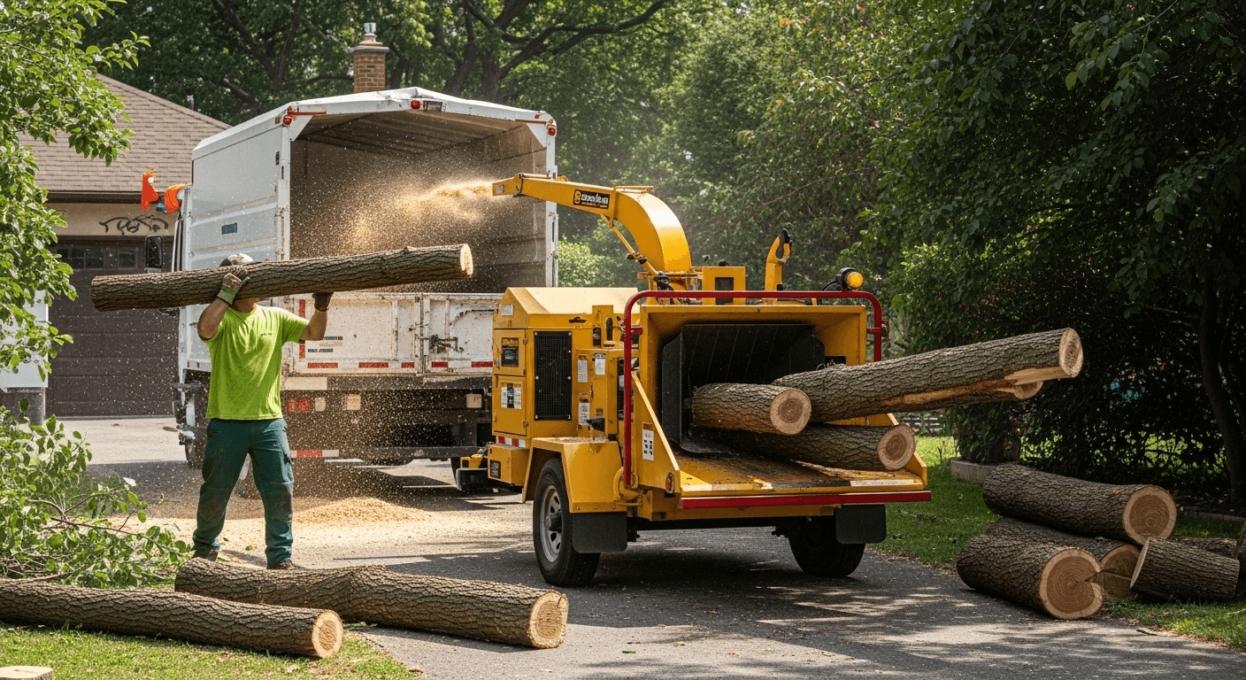 Tree service crew feeding cut branches into a wood chipper during a residential tree removal in Toronto
