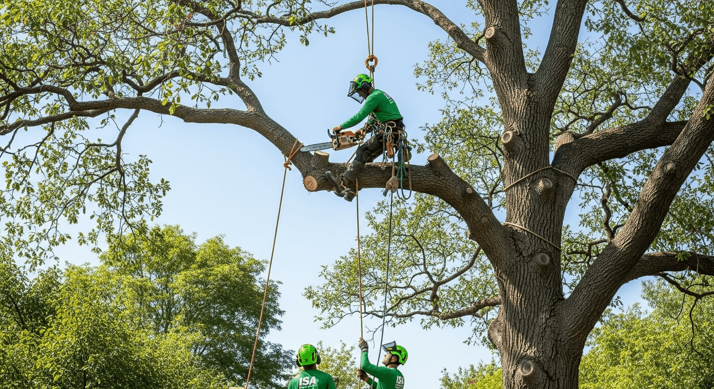 Tree service climber high in the canopy of a large Toronto residential tree during a full removal job