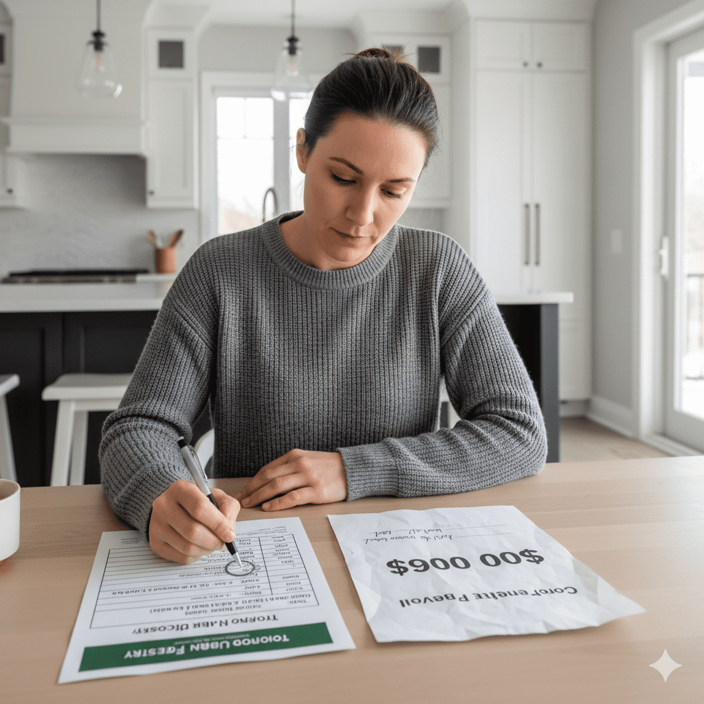 Homeowner comparing two tree removal quote documents on a kitchen table in Toronto, reviewing line items before deciding