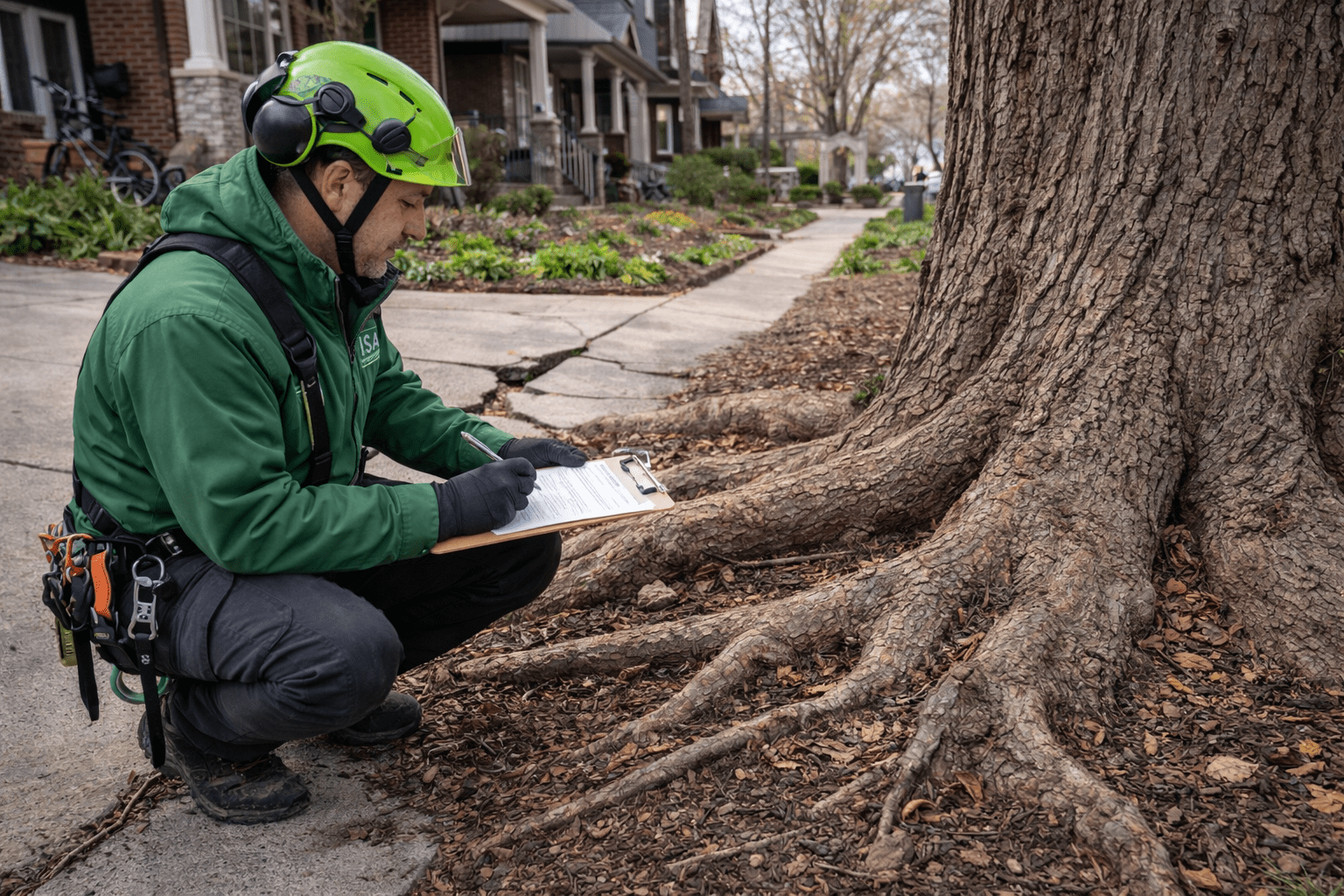Arborist in green uniform kneeling beside a tree base to assess root spread and driveway damage at a Toronto residential property