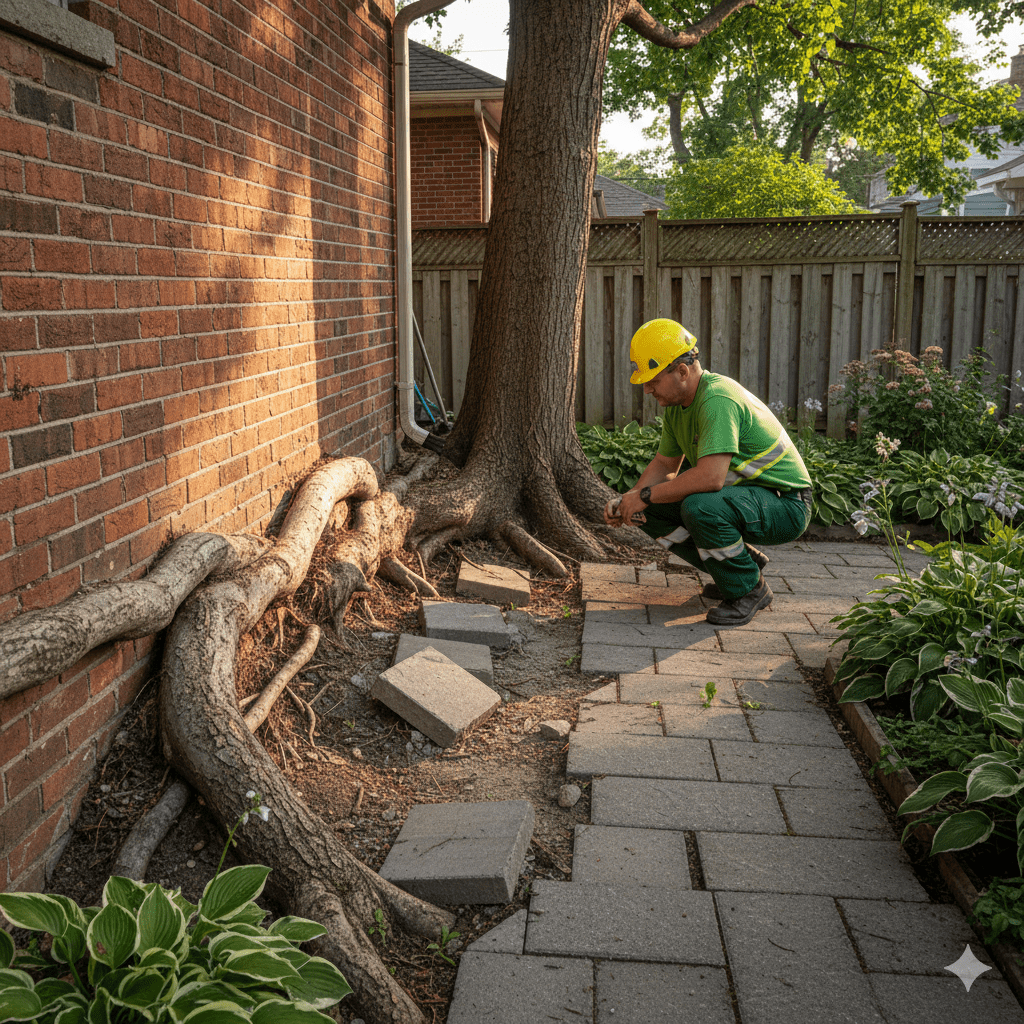 Exposed tree roots growing along and under a residential foundation wall in a Toronto backyard, showing root encroachment