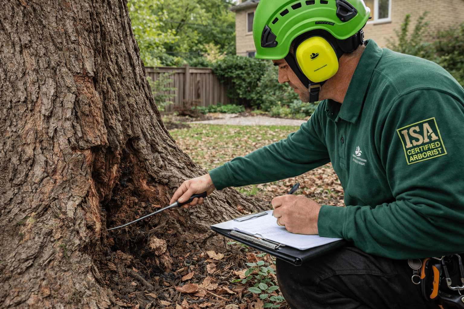 Independent ISA Certified Arborist using a probe tool to assess possible root rot and lower-trunk decay at the base of a Toronto residential tree