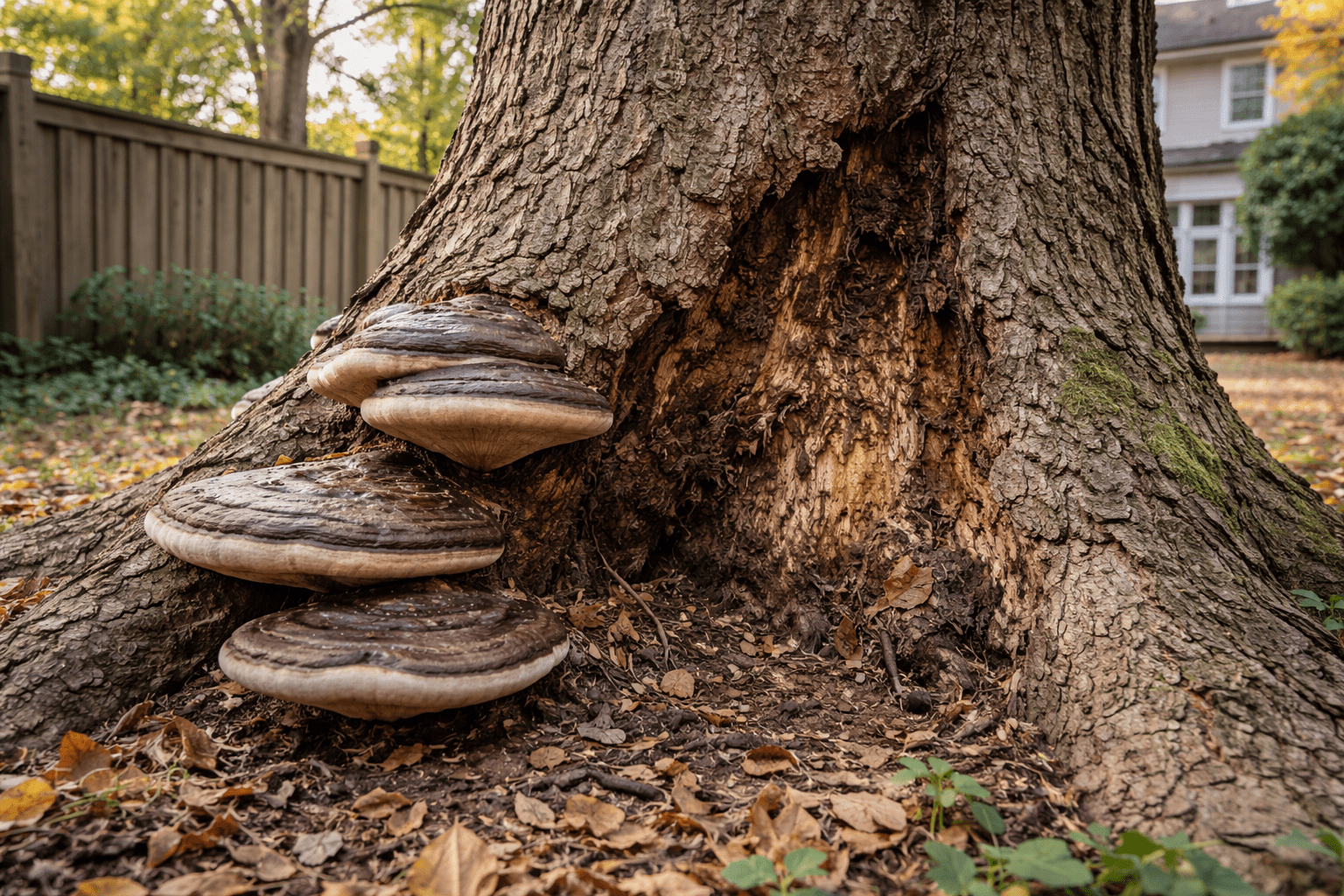 Large fungal conks growing at the base of a Toronto residential tree indicating possible root decay or structural concern