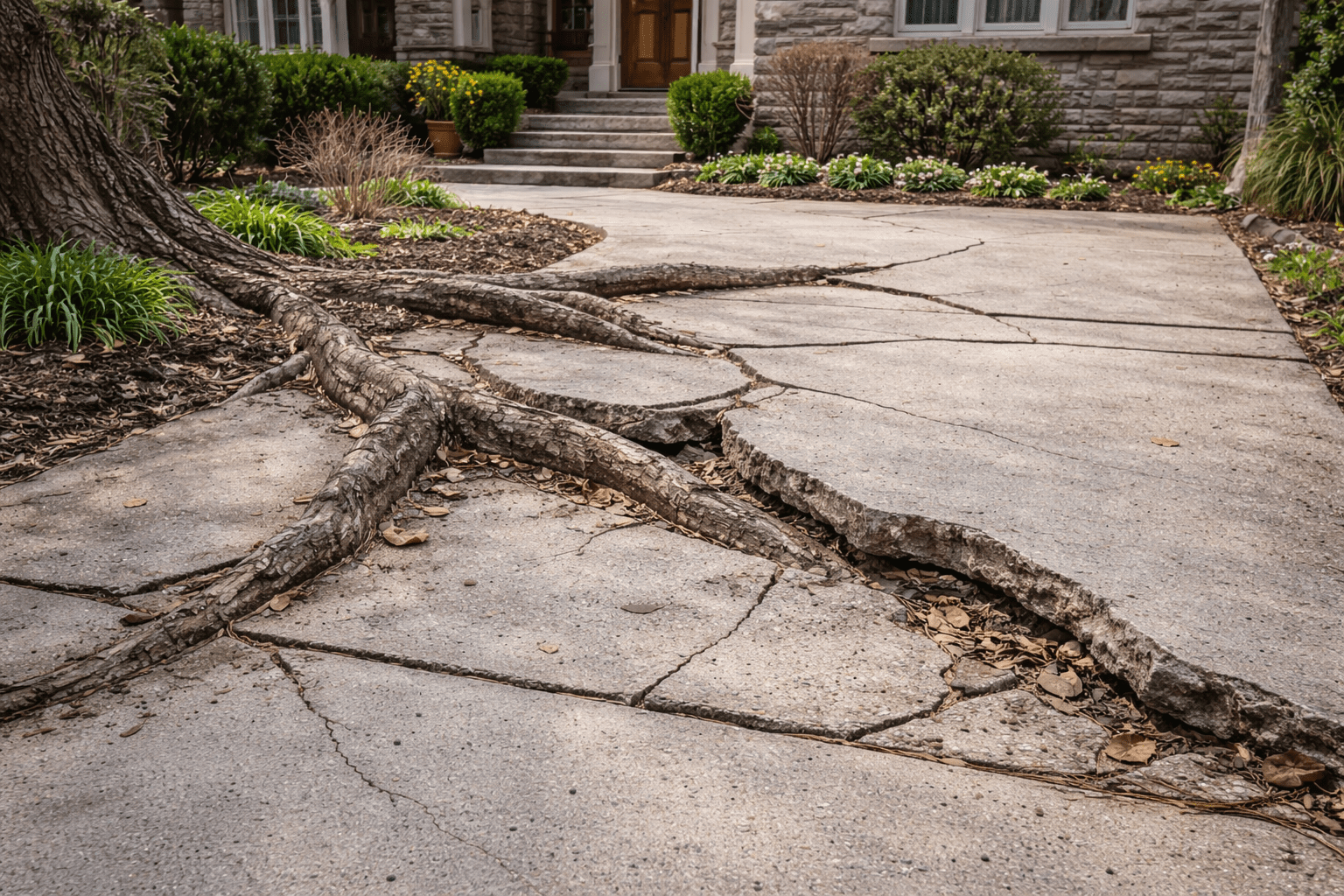 Large exposed tree roots cracking and heaving a residential concrete driveway in a Toronto neighbourhood