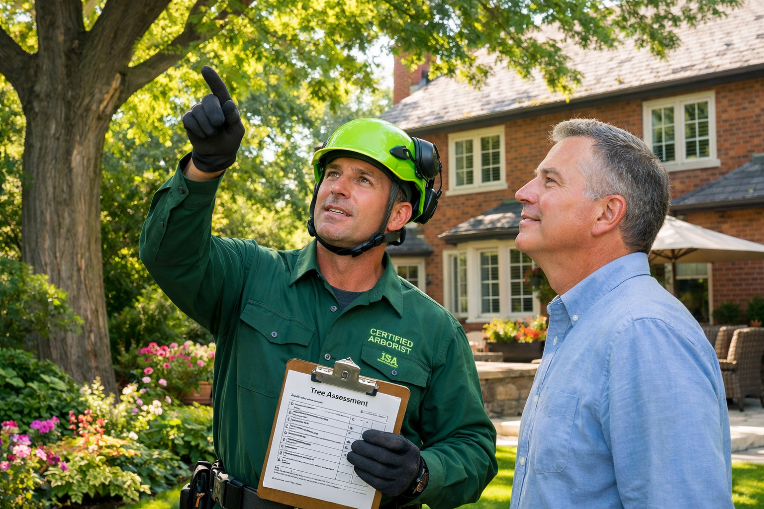 ISA certified arborist in green uniform speaking with a homeowner in a Toronto residential backyard during a tree service consultation