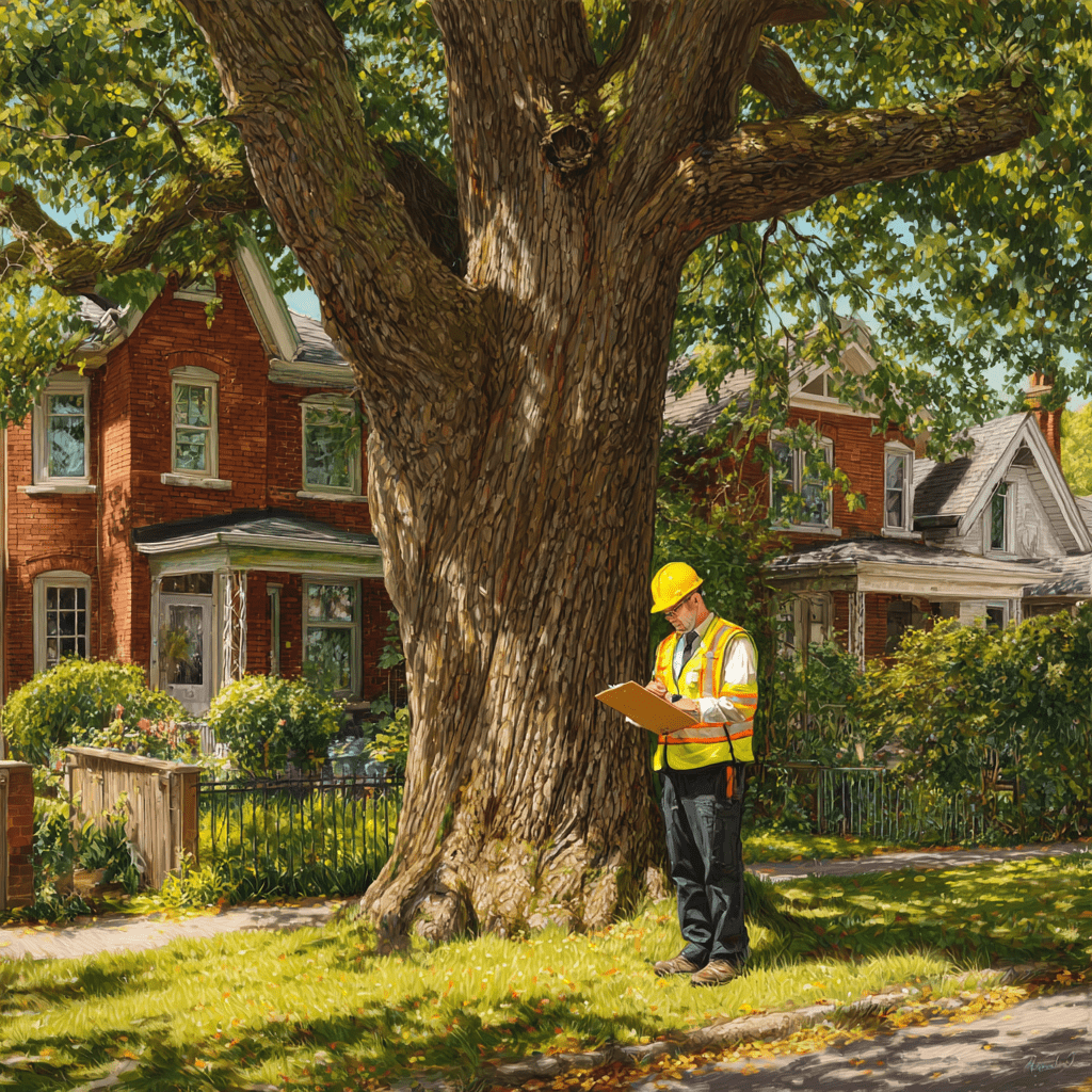 Toronto Urban Forestry officer inspecting a residential tree as part of the tree permit application review process