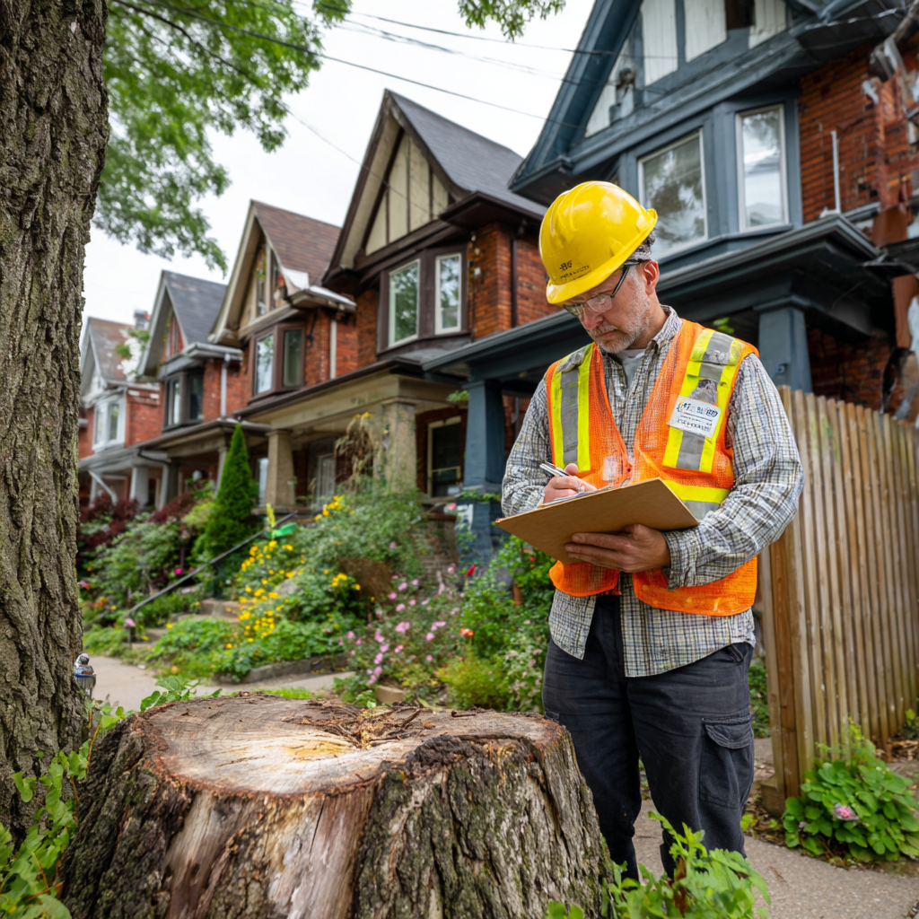 Toronto Urban Forestry officer conducting a bylaw inspection at a residential property after a tree removal complaint
