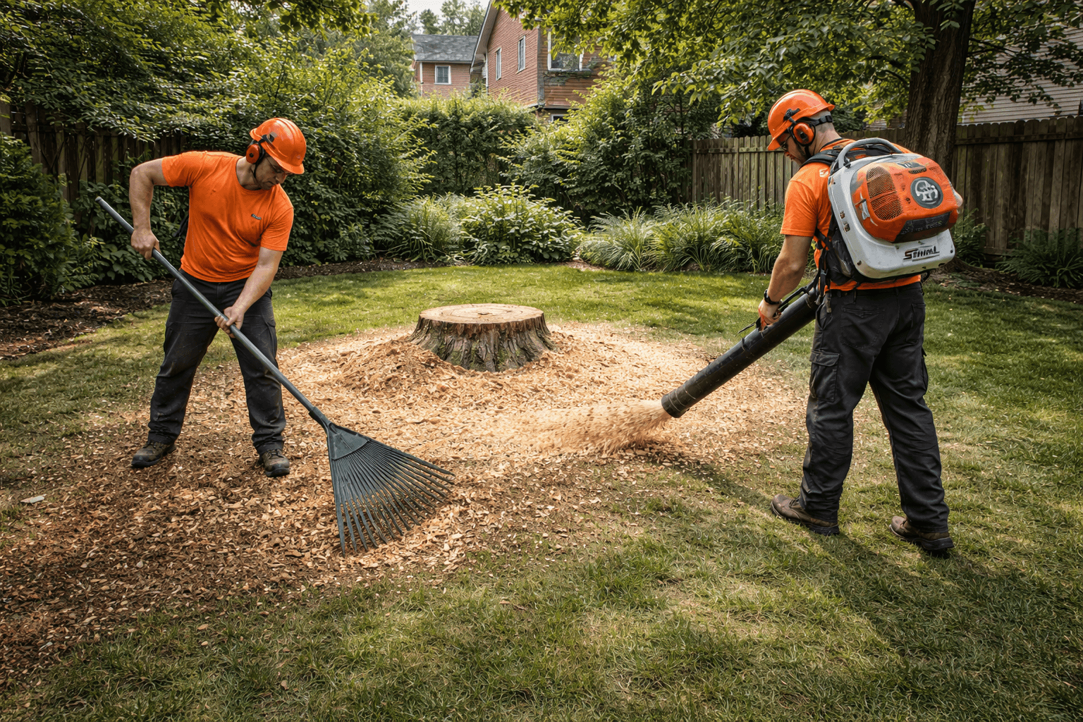 Tree service crew completing yard cleanup after tree removal in Ajax Ontario