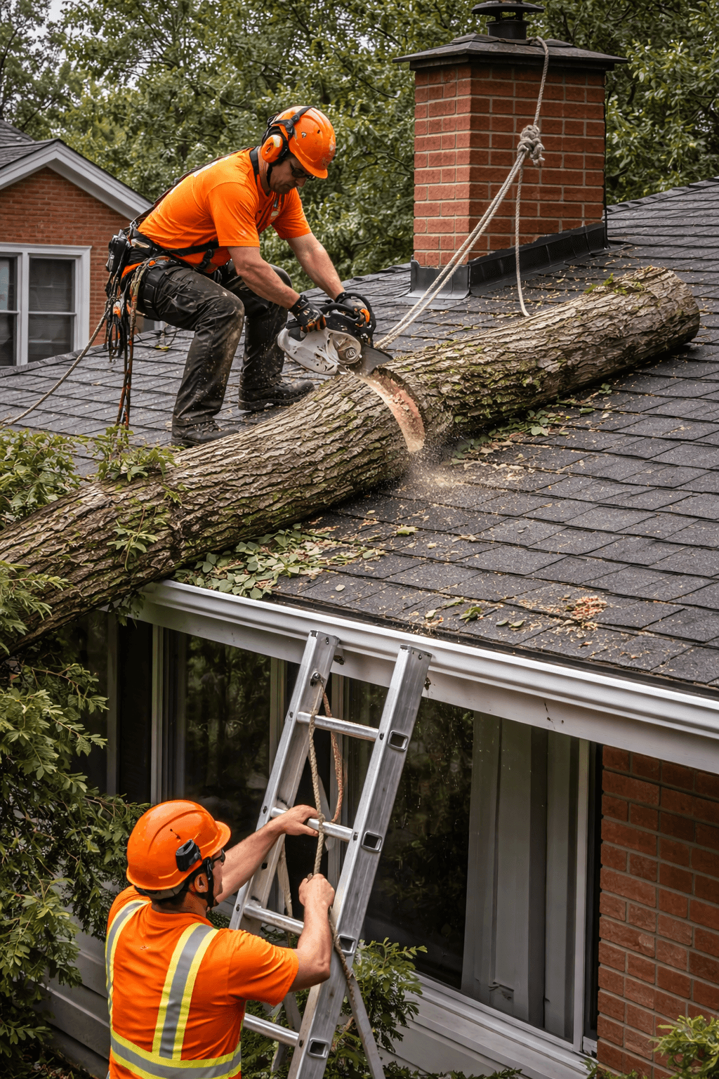 Emergency tree removal of a section resting on a Mississauga house roof