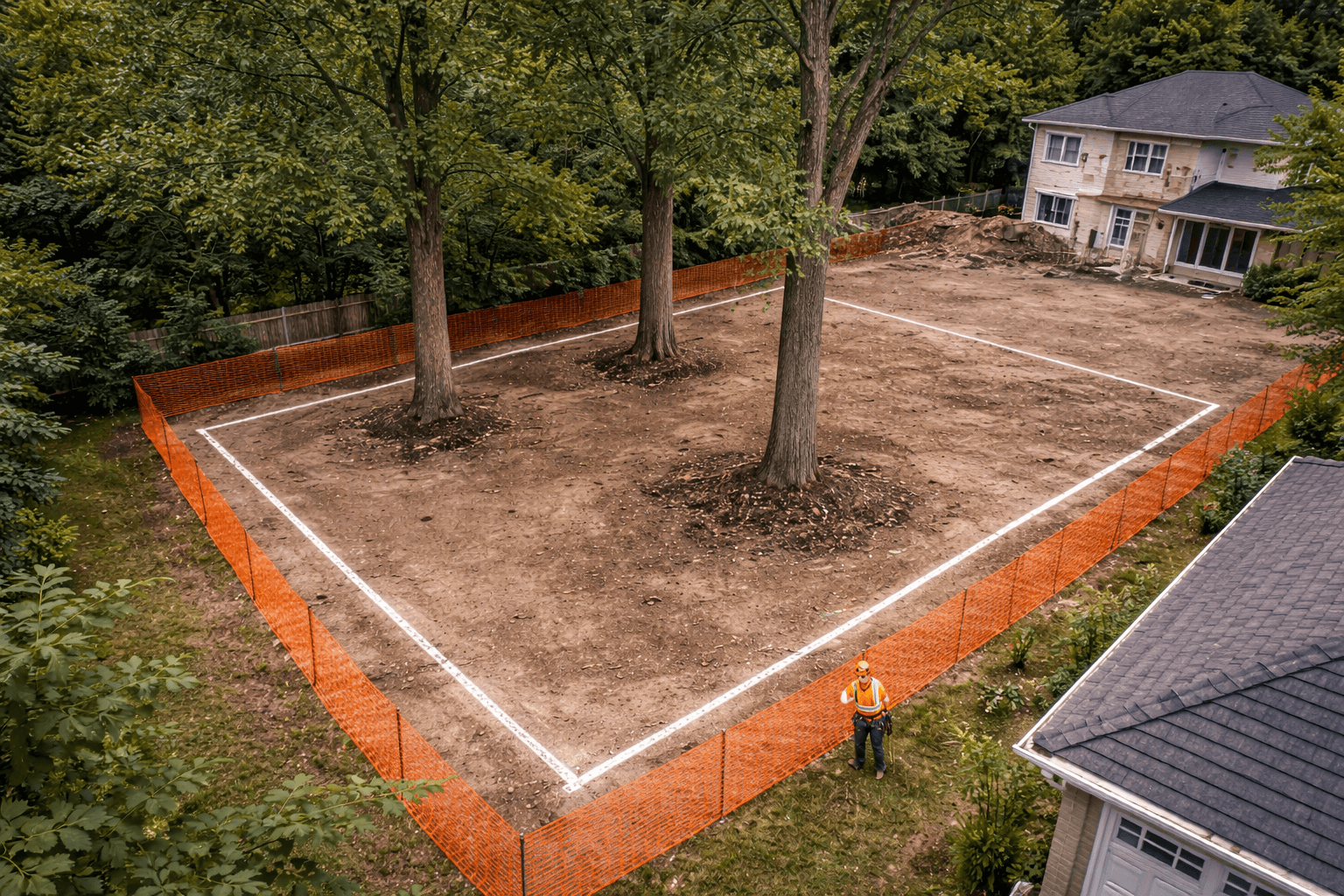 Arborist reviewing a tree preservation plan at an Ajax Ontario construction site