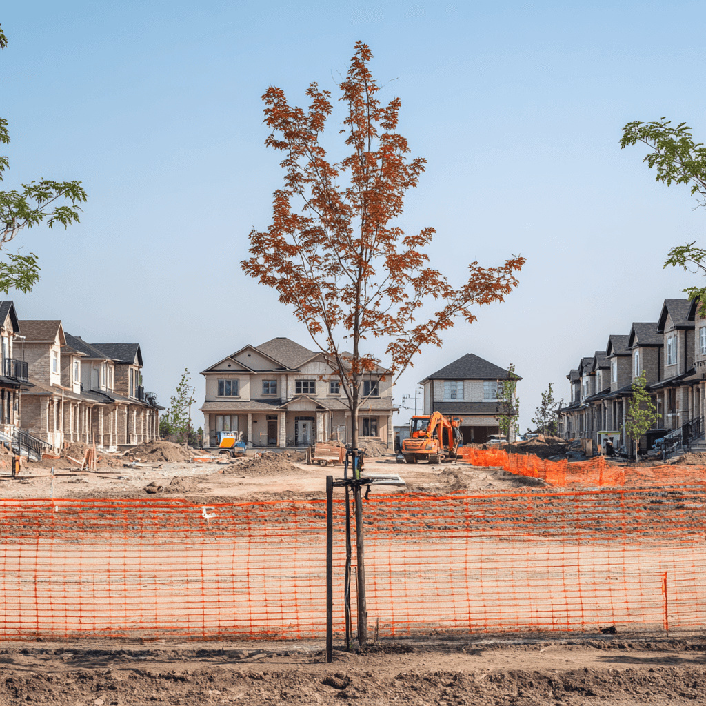 Tree protection fencing installed around retained trees at a new residential development site in Seaton Pickering Ontario
