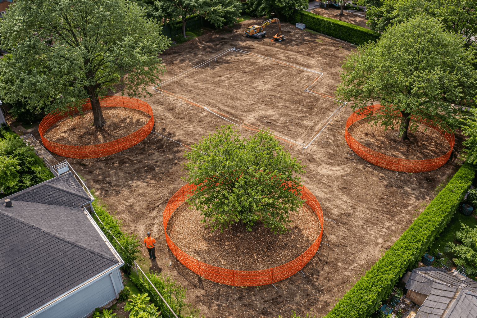 Arborist reviewing a tree preservation plan at a Mississauga construction site