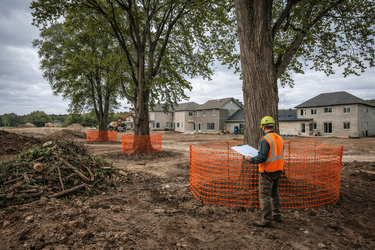 Arborist reviewing a tree preservation plan at a new construction site near Brooklin Whitby Ontario