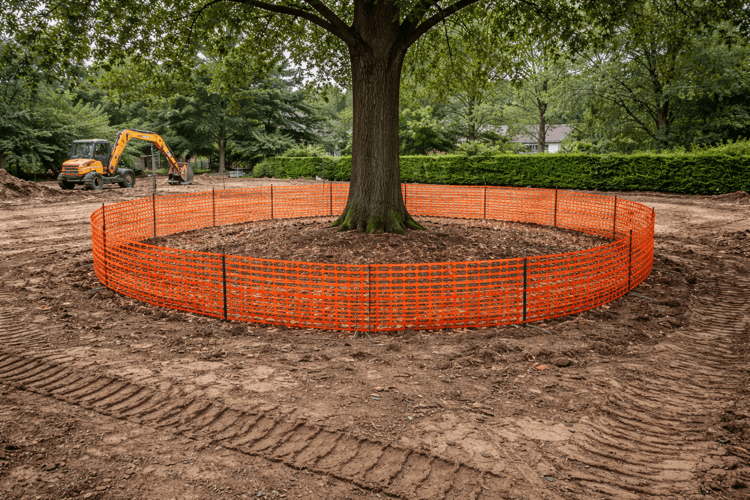 Tree protection fencing installed at the drip line of a protected tree in Mississauga