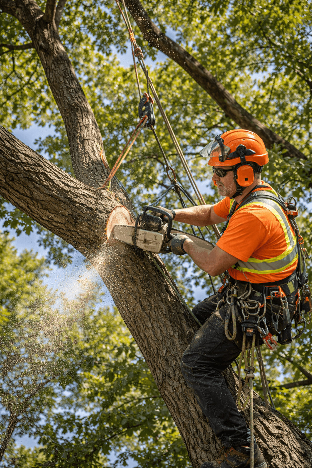 ISA certified arborist making a pruning cut while climbing a tree in Ajax Ontario