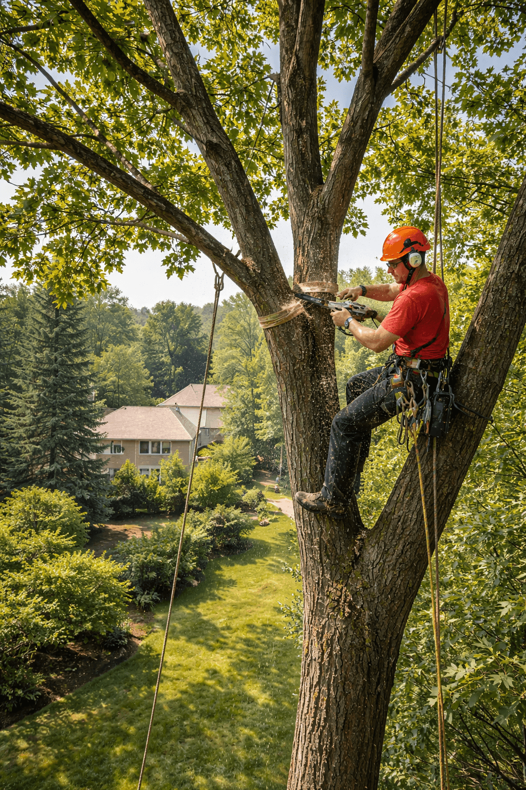 Arborist climber removing a heavy co-dominant stem from a sugar maple in the Highbush neighbourhood of Pickering Ontario