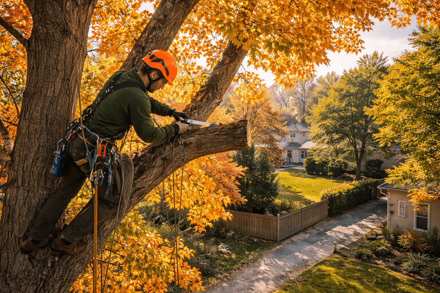 Tree climber making a structural pruning cut on a mature sugar maple in a Whitby Ontario neighbourhood