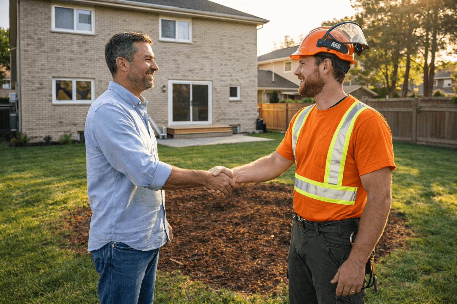 Arborist reviewing Mississauga tree removal permit documentation at a residential property