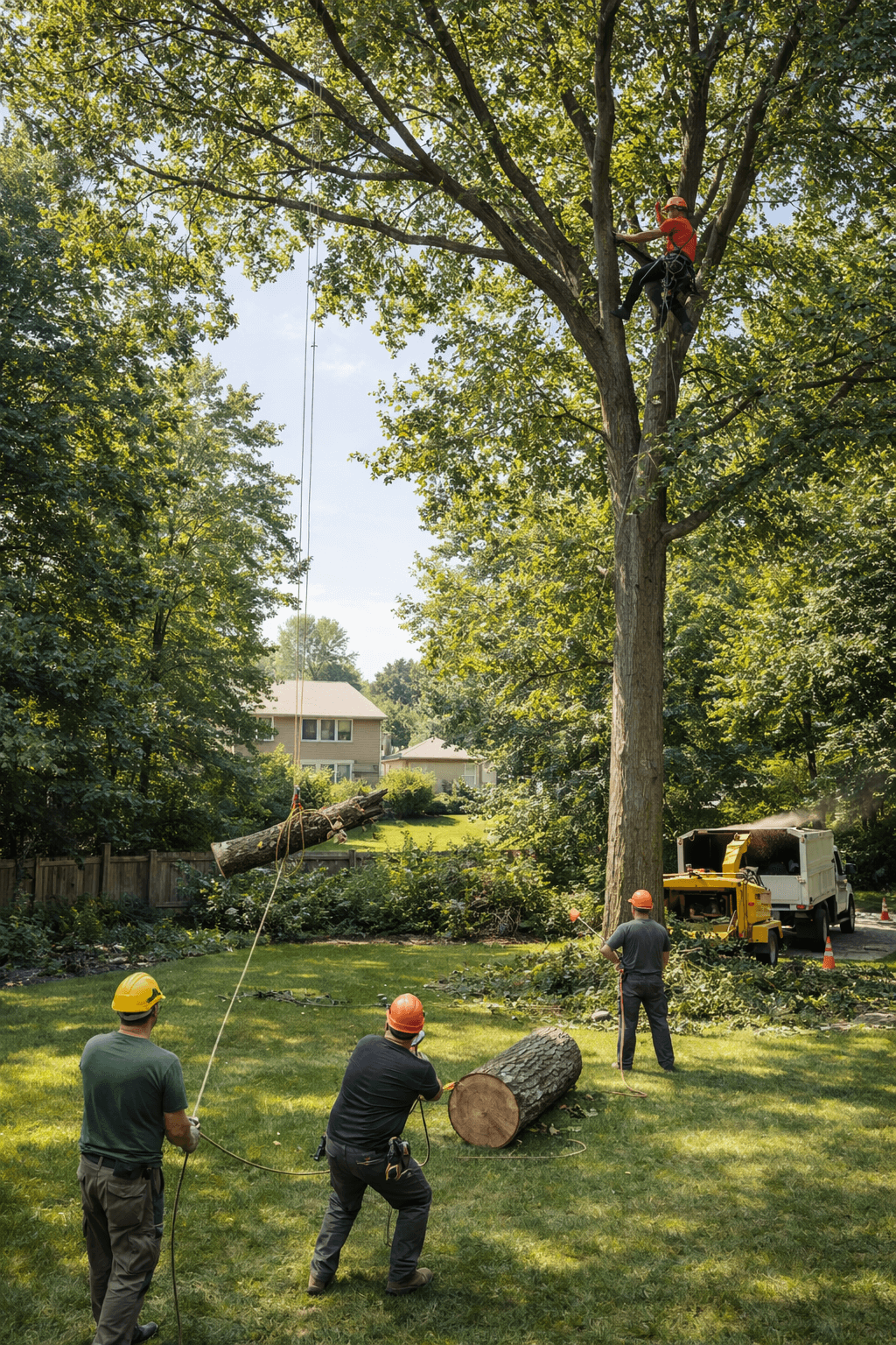 Crew sectioning a large white oak using climbing and rigging equipment in a Dunbarton Pickering Ontario backyard