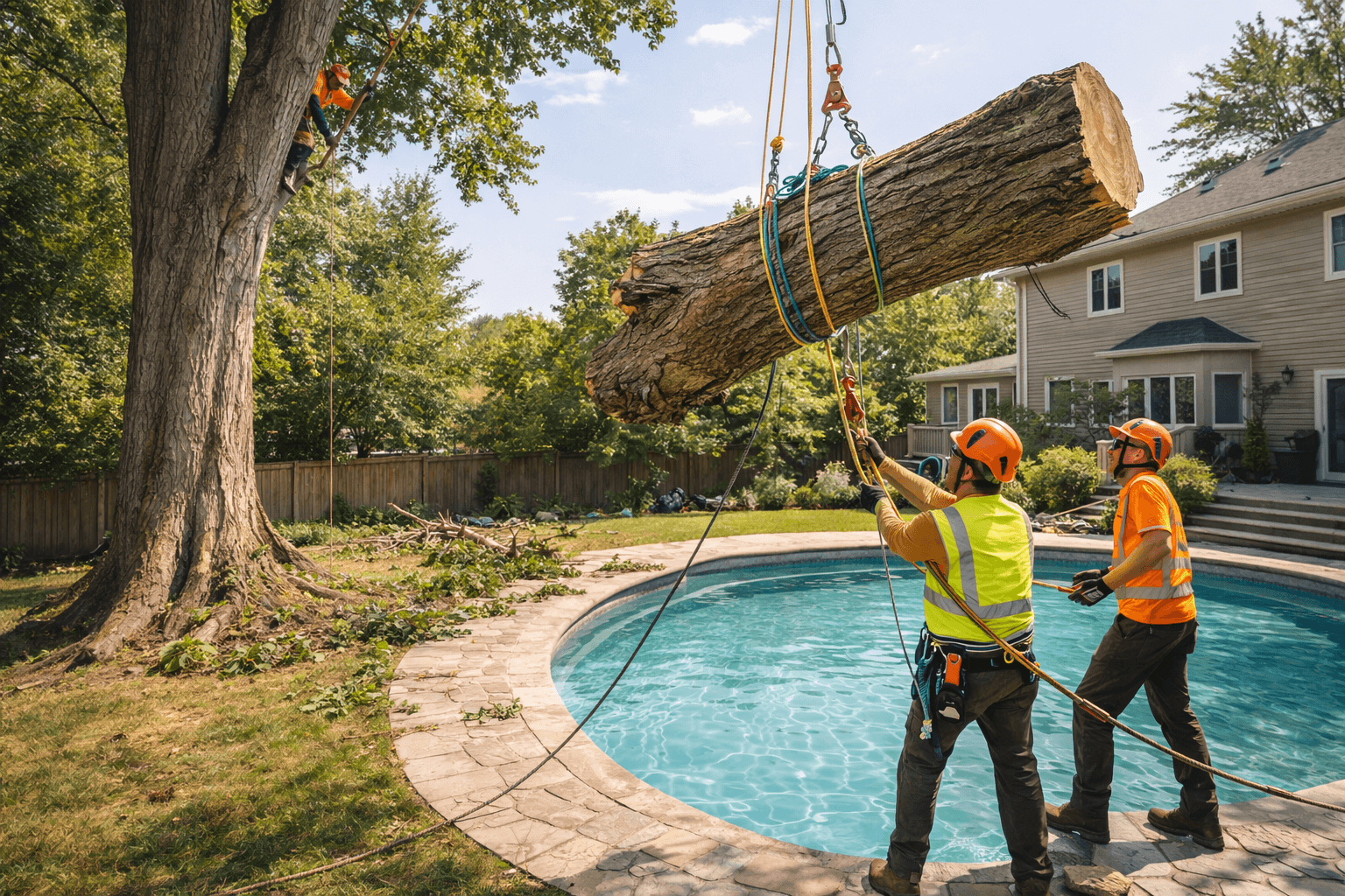 Crew removing a large silver maple using rigging in a Whitby Ontario backyard with a pool nearby