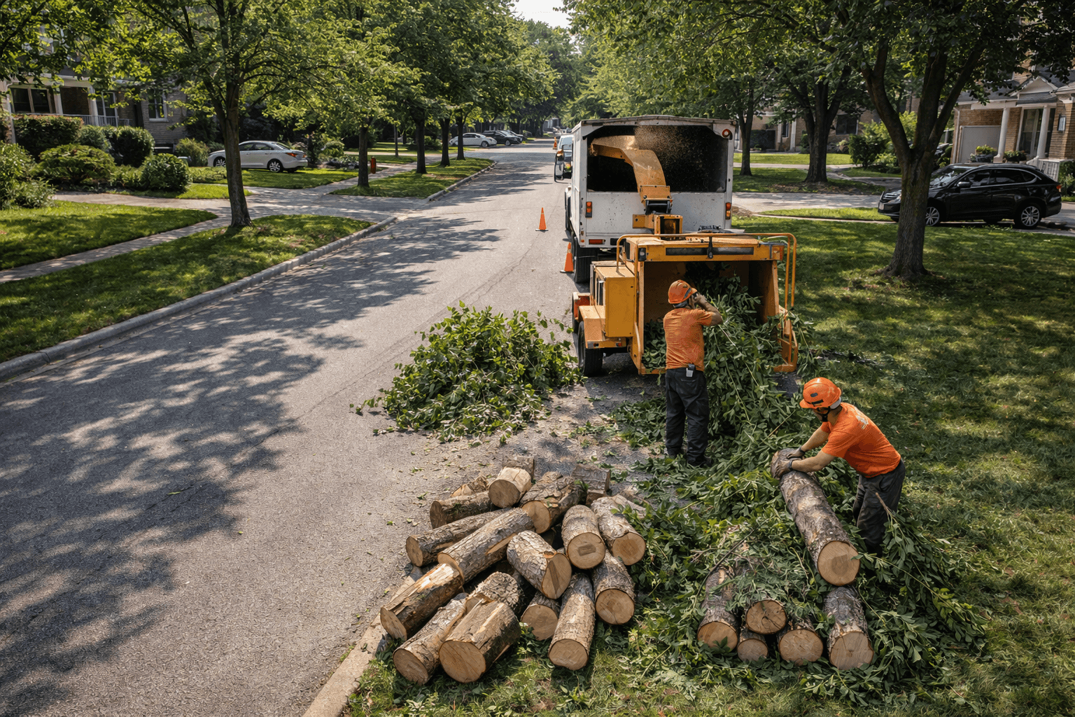 Tree service crew removing a large tree on a residential street in Ajax Ontario