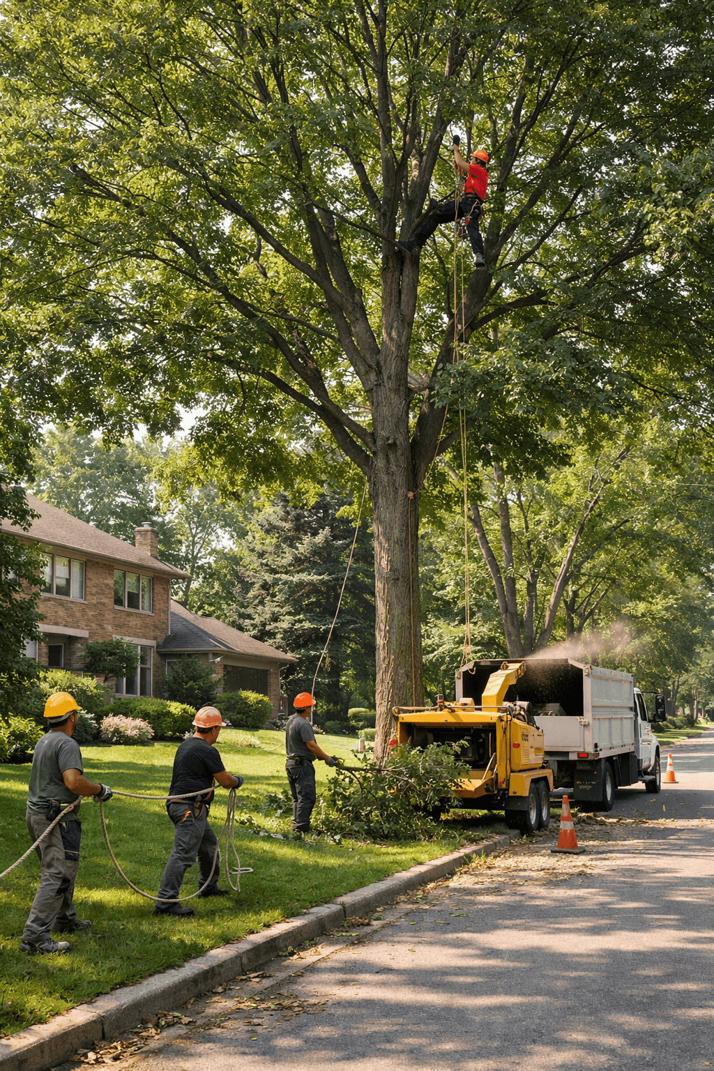 Tree service crew working on a large mature maple on a wide residential lot in the Rosebank neighbourhood of Pickering Ontario
