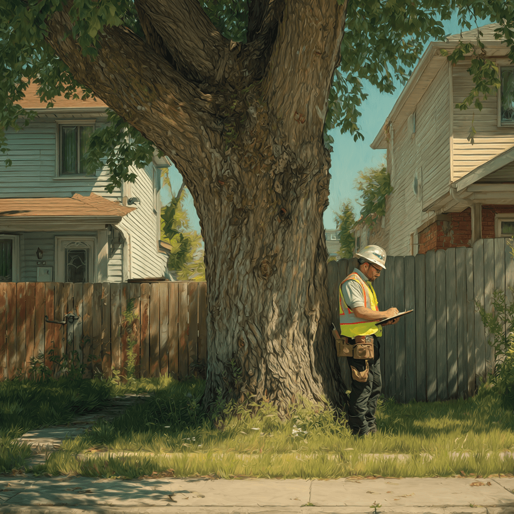 Urban forestry officer inspecting a large backyard tree in a Vaughan residential neighbourhood during a permit review