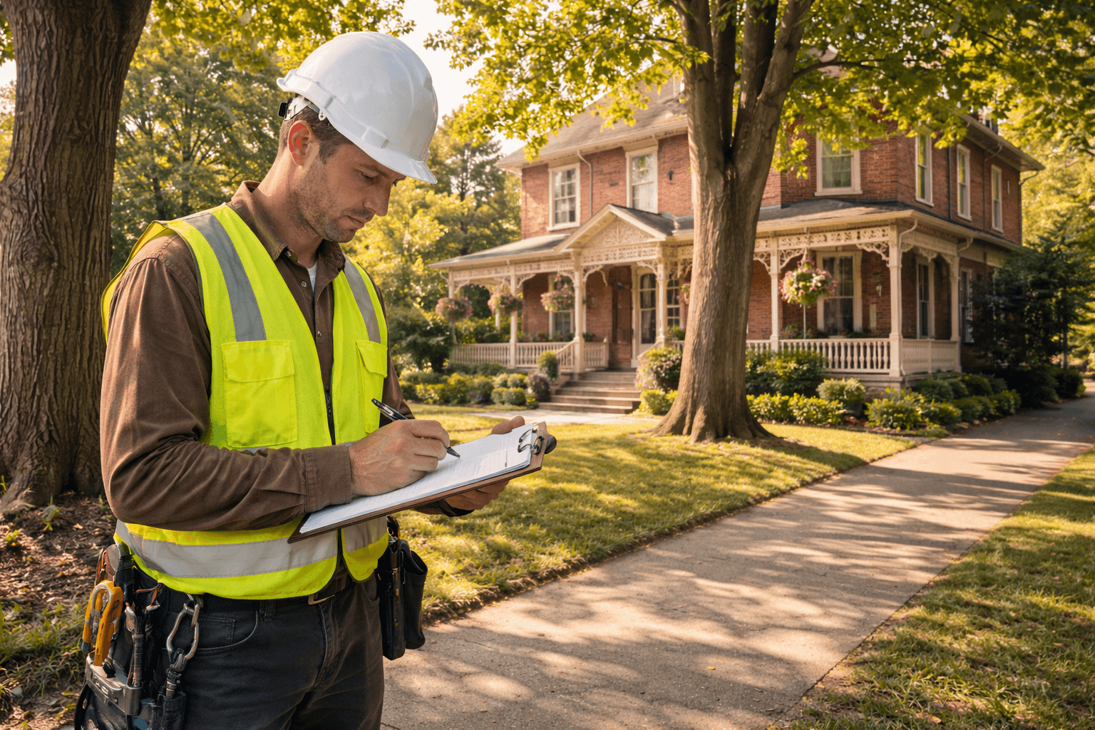 Arborist reviewing documentation near a heritage property tree in Brooklin Whitby Ontario