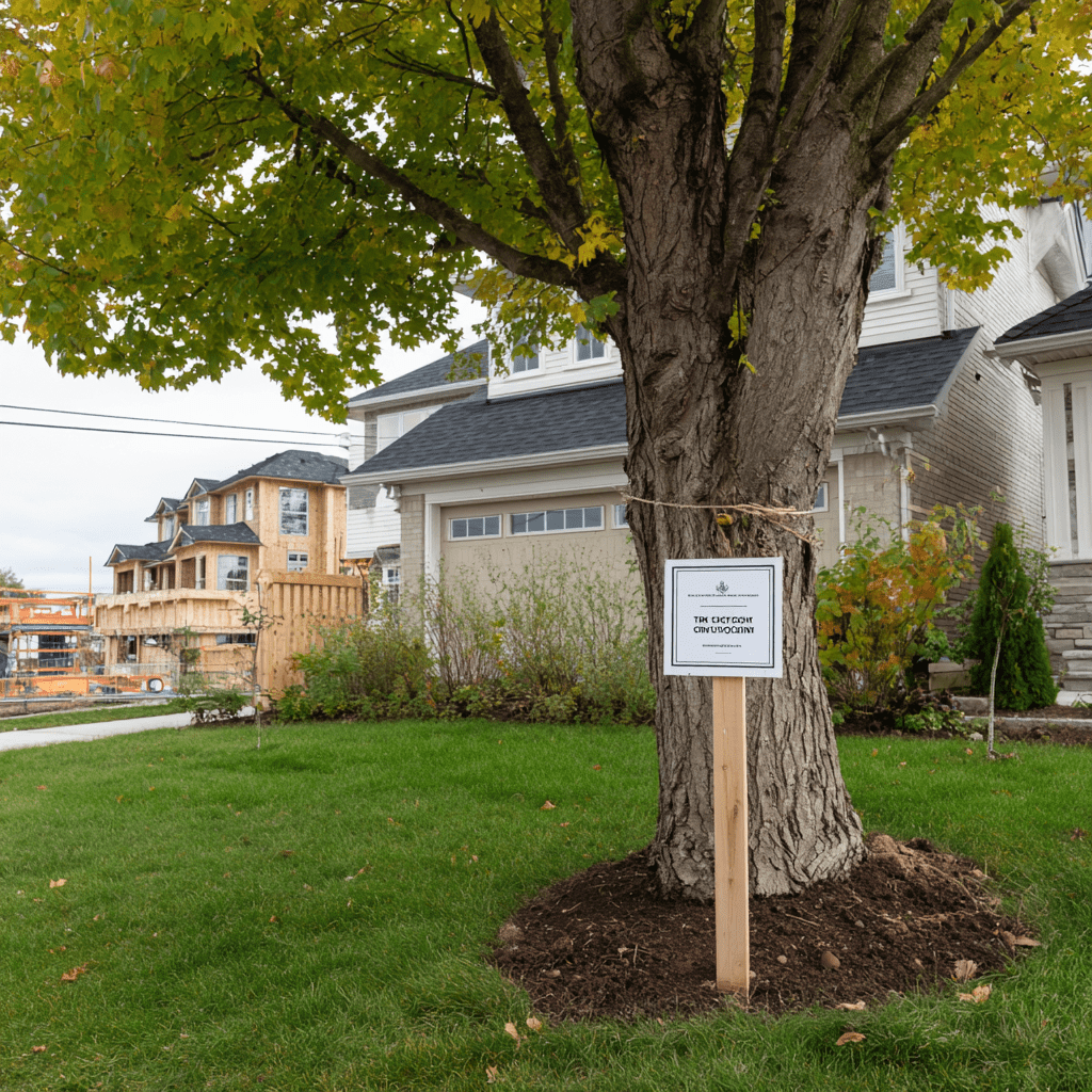 Tree-related planning condition notice near a mature retained tree on a newer Brooklin Whitby subdivision lot
