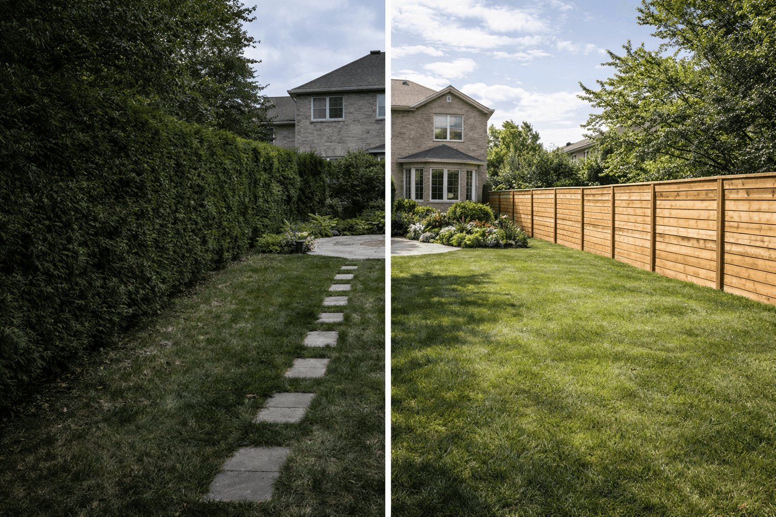 Whitby Ontario backyard completely transformed after full cedar hedge removal and fence installation