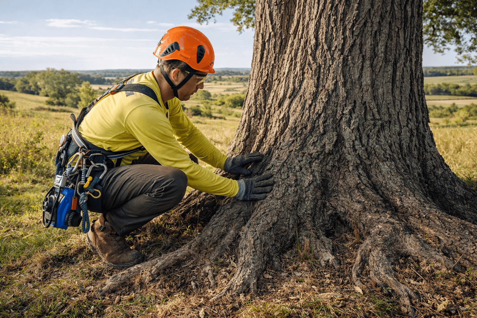 Certified arborist assessing a mature white oak on Oak Ridges Moraine land in northern Whitby Ontario