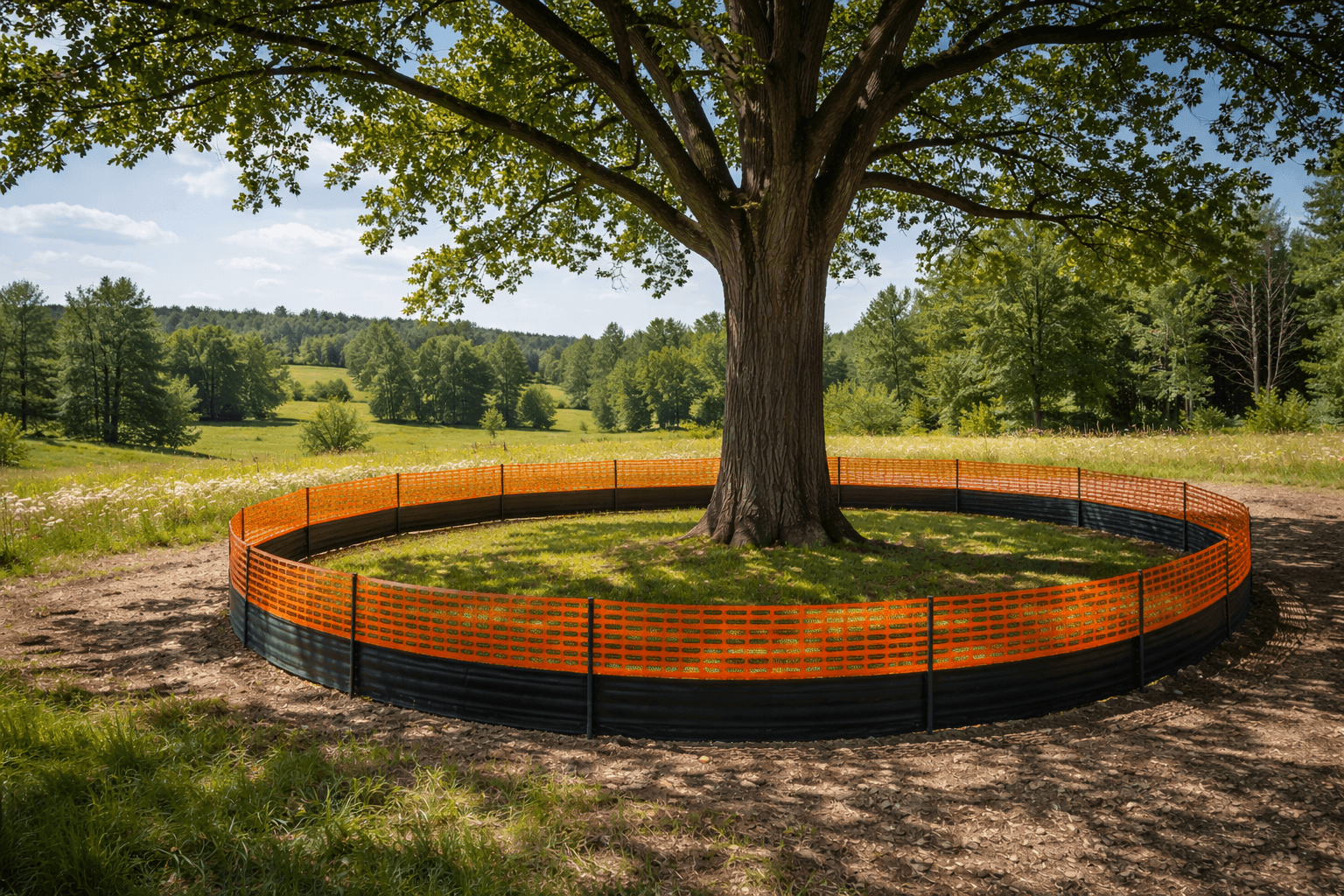 Tree protection fencing at the drip line of retained trees on Oak Ridges Moraine land in Whitby Ontario