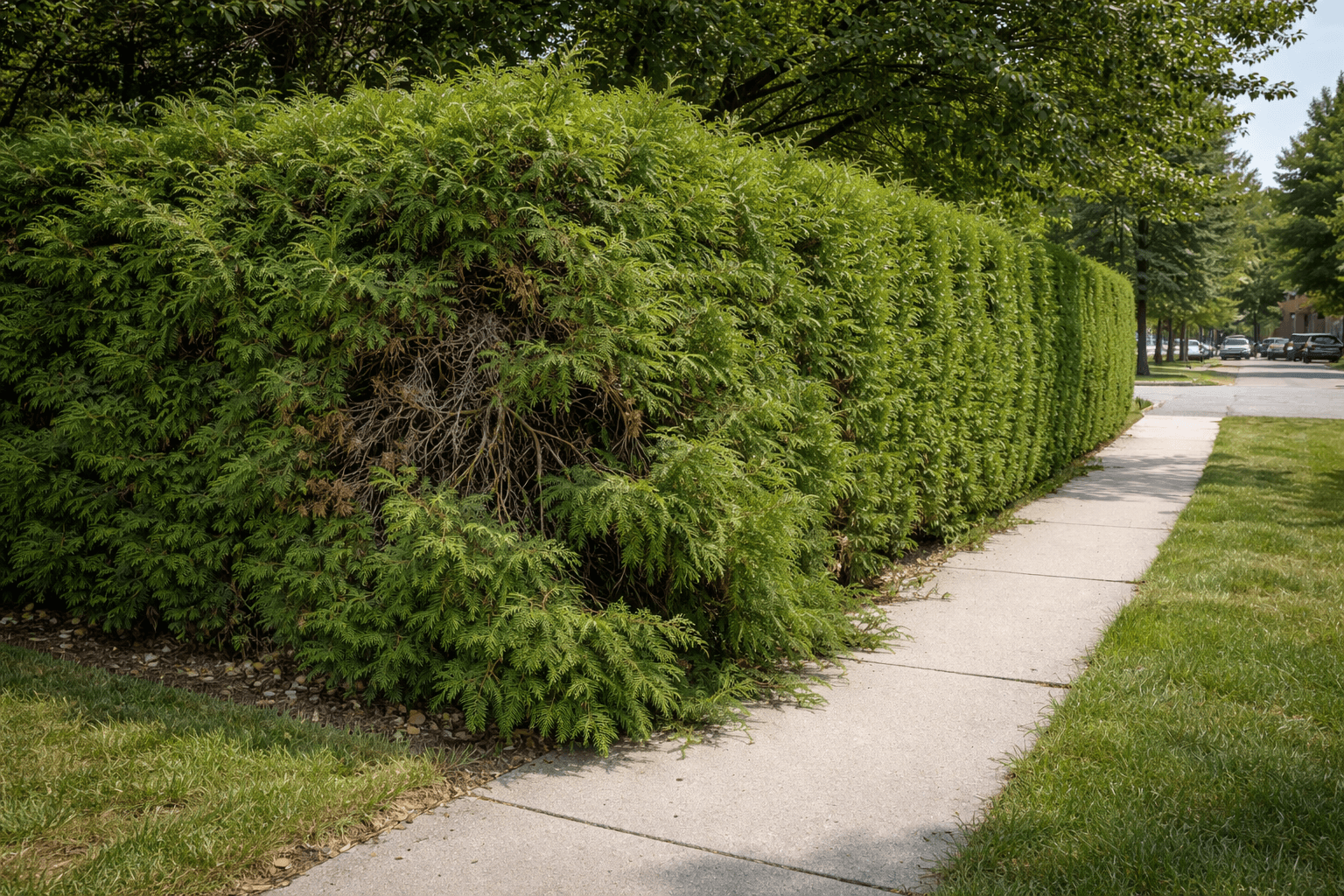 Badly overgrown cedar hedge in Pringle Creek Whitby Ontario with branches spreading onto the sidewalk